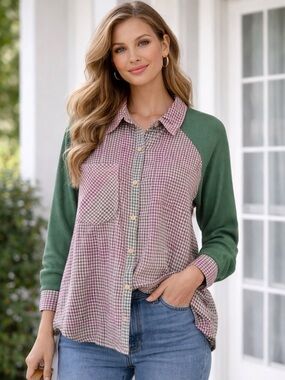 Oli & Hali Pink and Green Gingham Button-Up Shirt
